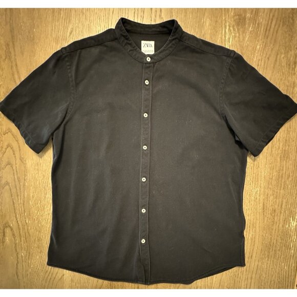 Zara Mens Black Cover Shirt Large Button Slim Fit Mandarin Collar Short Sleeve - Picture 5 of 8